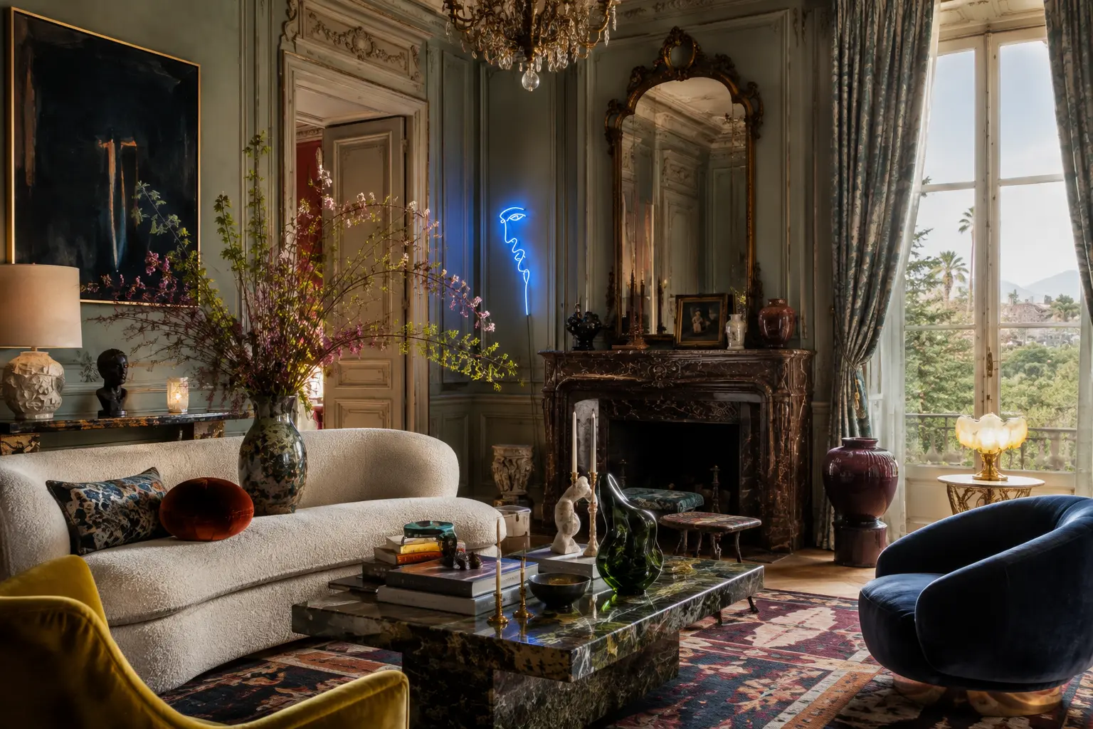 Blue hand-bent glass neon face from Missy Sunseri's VESTIGES IN LIGHT shown within a layered interior