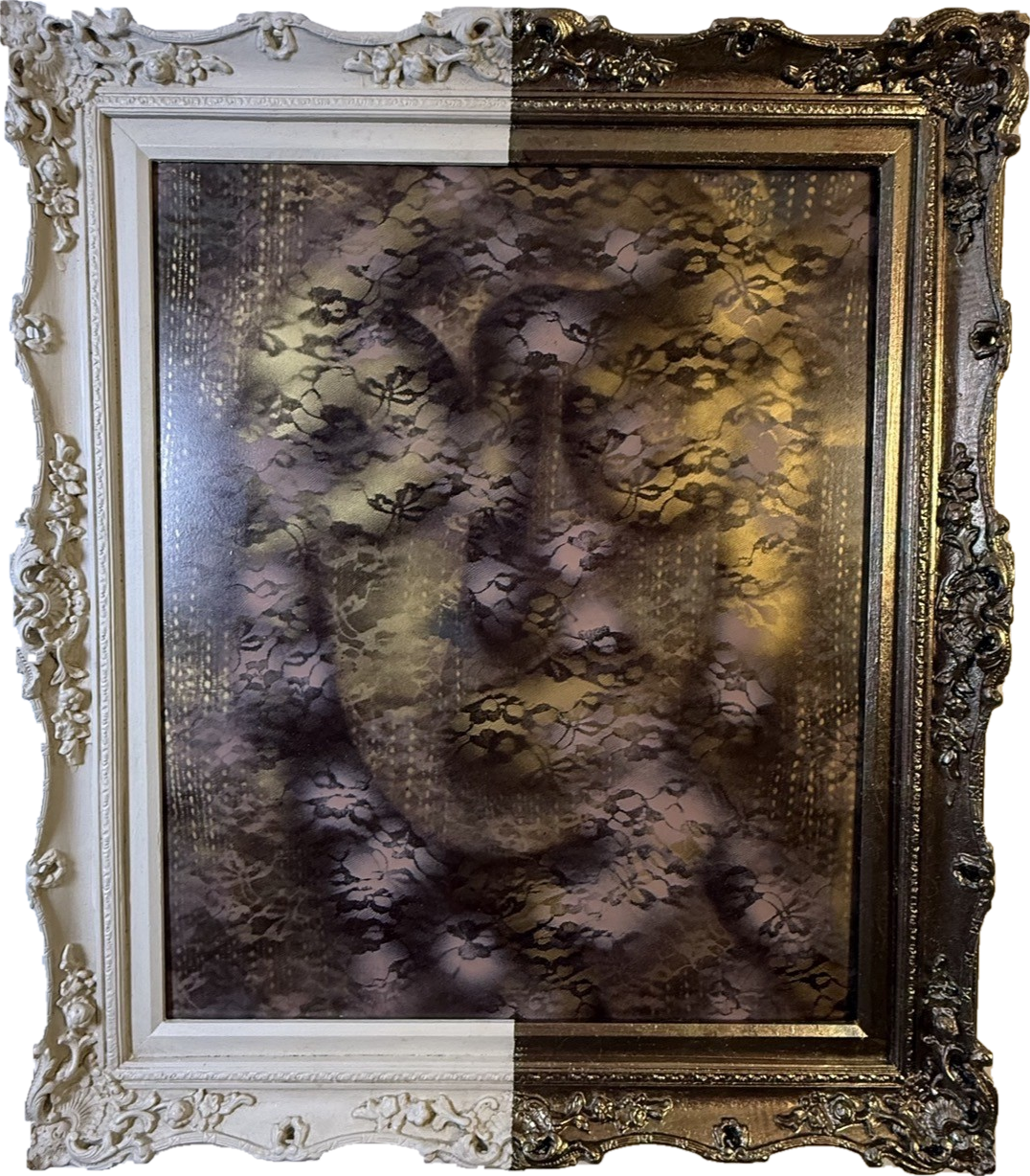 Afterimage — Acrylic, 24K gold leaf, hand-stenciled pigment, mixed media, and vintage lace stencil on board; bespoke hand-finished frame. by Missy Sunseri
