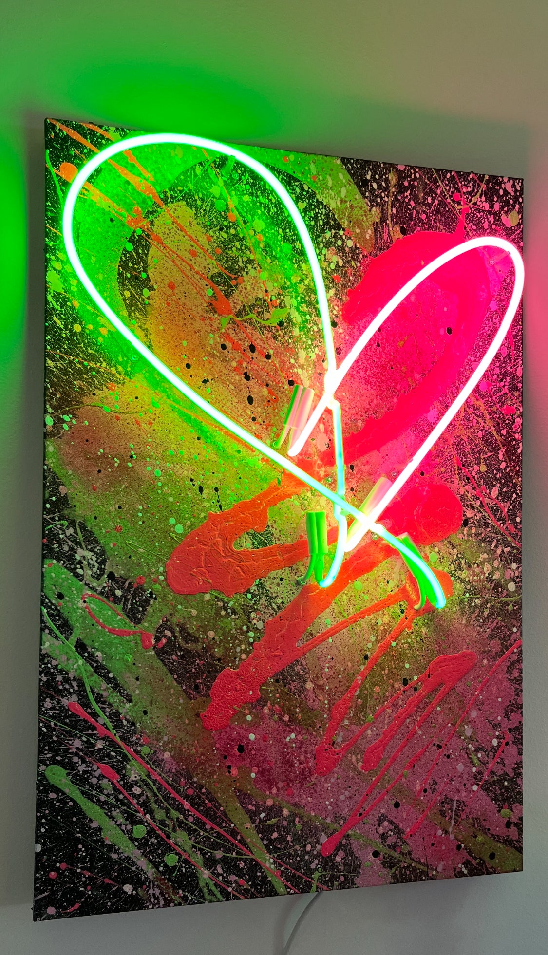 Neon heart wall work in the studio — Missy Sunseri × Duroque
