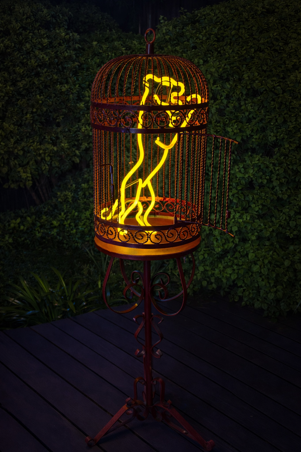 Le Jaguar — Neon birdcage sculpture by Missy Sunseri