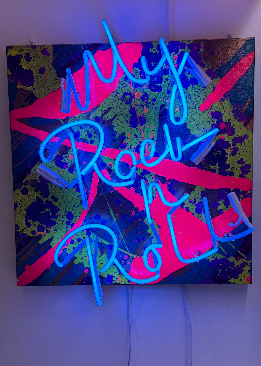 My Rock N Roll, 2024 — Cobalt blue neon on canvas by Missy Sunseri