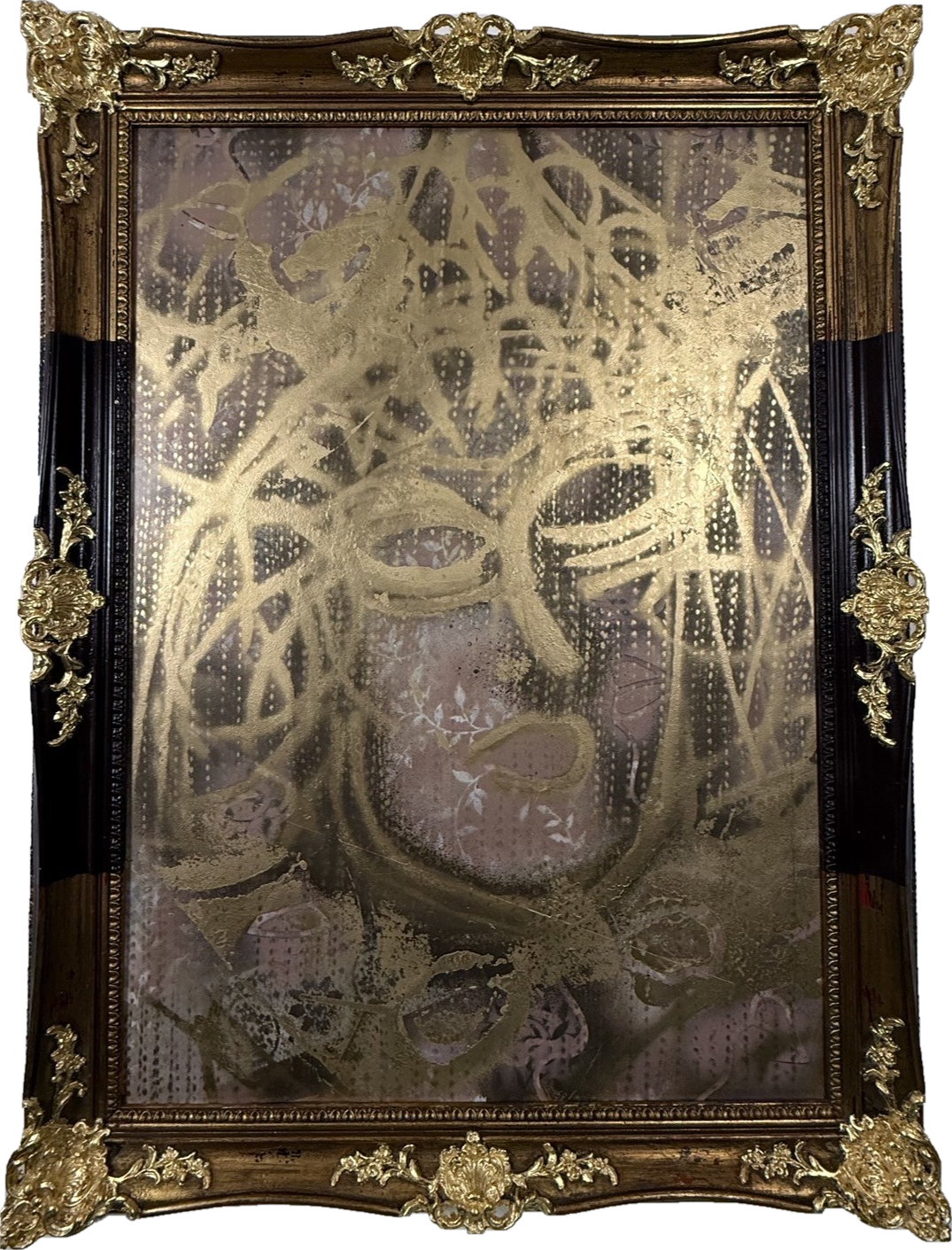 Ornament — Acrylic, 24K gold leaf, hand-stenciled pigment, mixed media, and vintage lace stencil on board; bespoke hand-finished frame. by Missy Sunseri