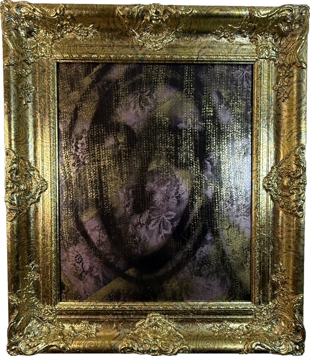 Palimpsest — Acrylic, 24K gold leaf, hand-stenciled pigment, mixed media, and vintage lace stencil on board; bespoke hand-finished frame. by Missy Sunseri