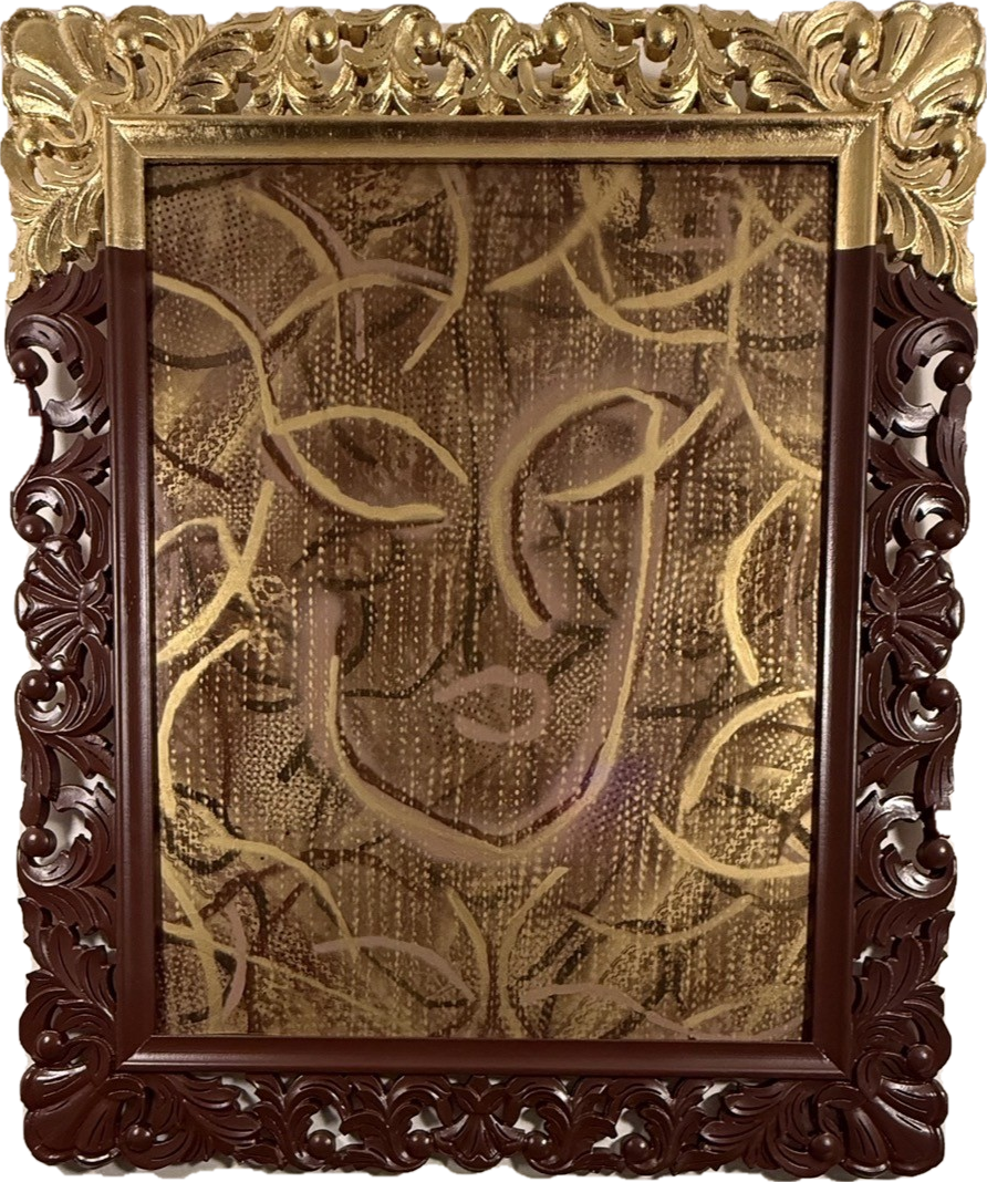 Reliquary — Acrylic, 24K gold leaf, hand-stenciled pigment, mixed media, and vintage lace stencil on board; bespoke hand-finished frame. by Missy Sunseri