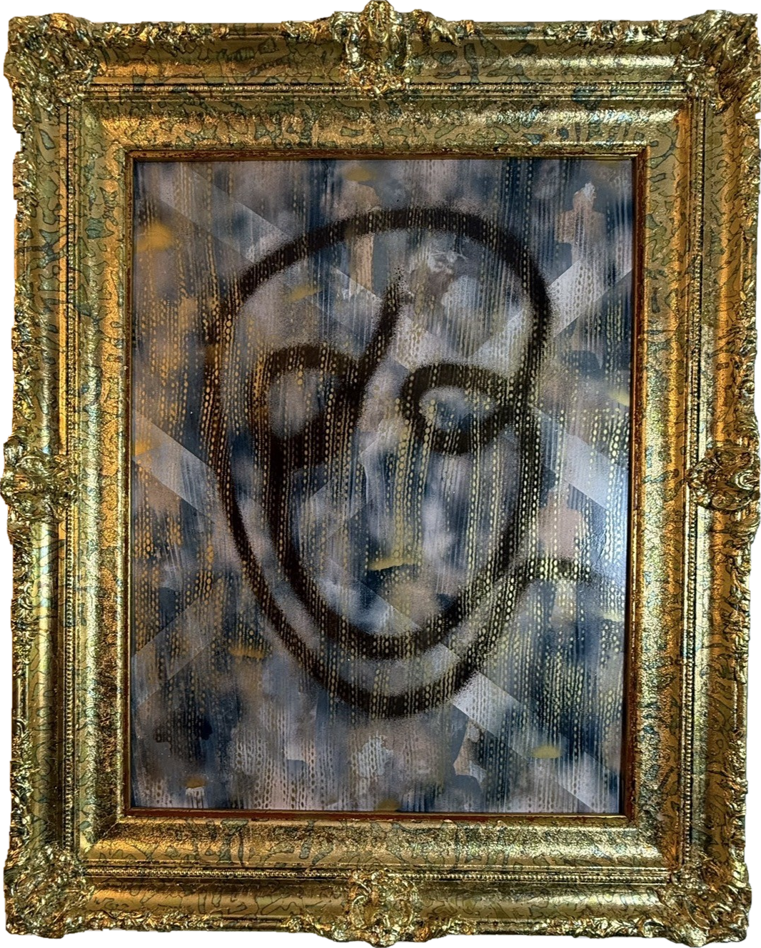 The Other Self — Acrylic, 24K gold leaf, hand-stenciled pigment, mixed media, and vintage lace stencil on board; bespoke hand-finished frame. by Missy Sunseri