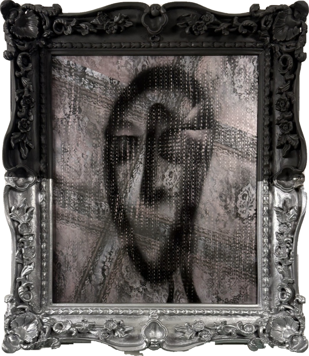 Veil — Acrylic, 24K gold leaf, hand-stenciled pigment, mixed media, and vintage lace stencil on board; bespoke hand-finished frame. by Missy Sunseri
