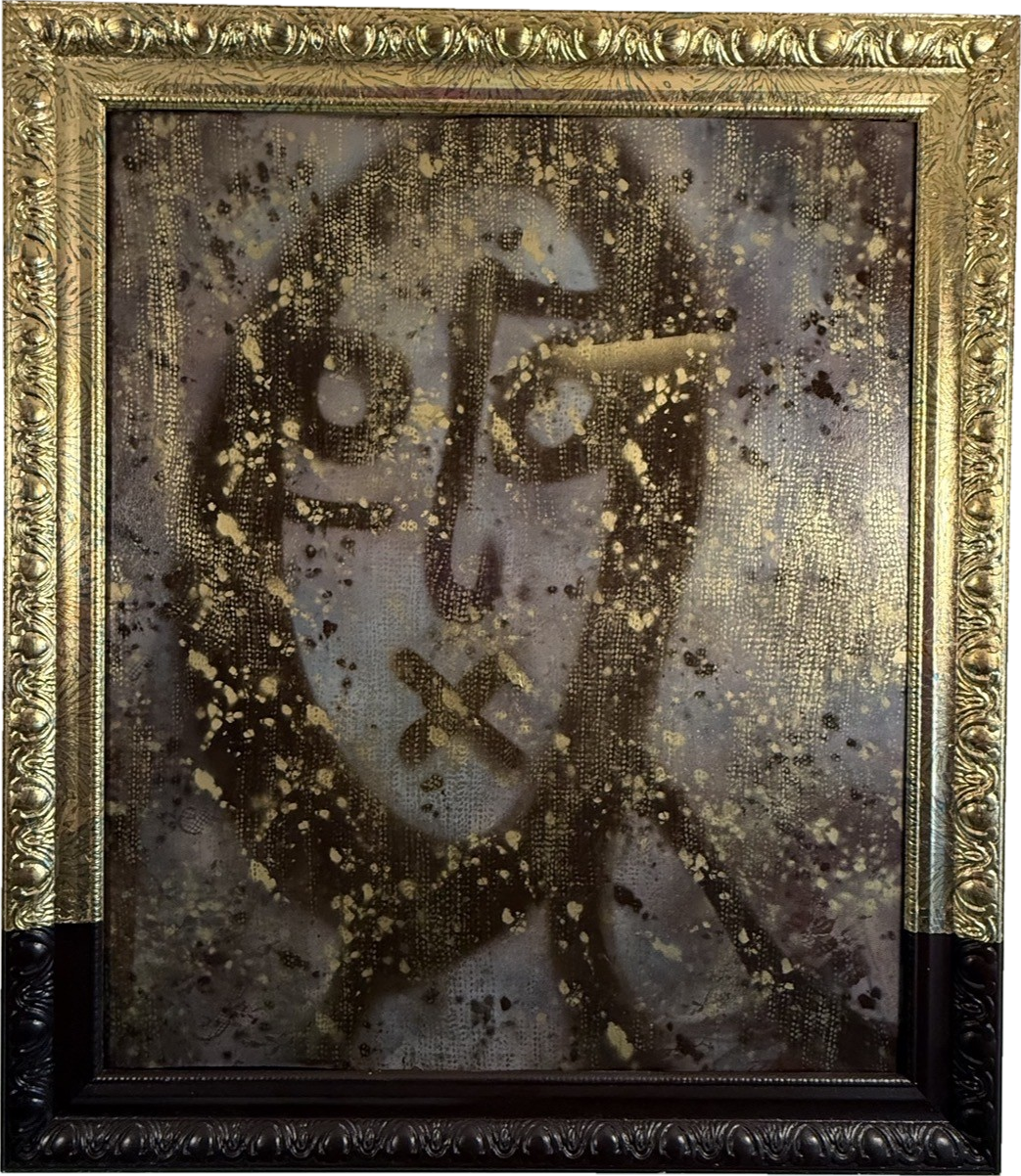 Vestige — Acrylic, 24K gold leaf, hand-stenciled pigment, mixed media, and vintage lace stencil on board; bespoke hand-finished frame. by Missy Sunseri